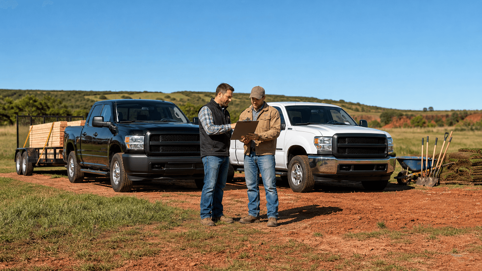 Red Ford F-150 and silver Chevy Silverado parked side by side on a rural Oklahoma worksite at sunset.
