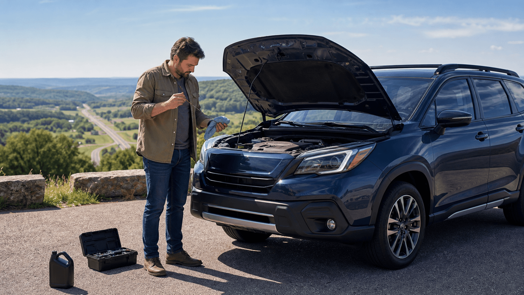 Mechanic checks engine oil in a blue SUV beside an open hood under bright daylight.